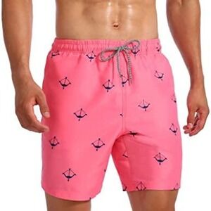 Swim Trunk Shorts Mens L Pink Bow Arrow Print Mesh Lining Beachwear 591 NWT